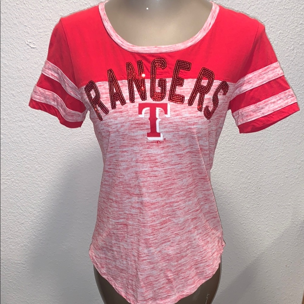 New Era Genuine Merchandise Red and White Sequined Texas Rangers Tee